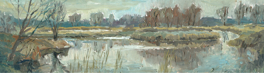 lake panorama late autumn painting  - 476825086