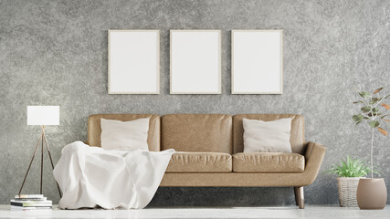 Vertical poster mockup with Three  frames on empty white wall in living room interior, Living room, 3D Rendering