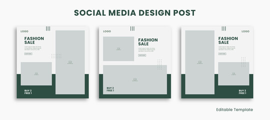 Set of 3 Editable Templates Social Media Design Post with Minimalist and Modern Style Green Color Theme. Suitable for Sale Banner, Branding, Promotion, Presentation, Advertising, Fashion Sale, Layout