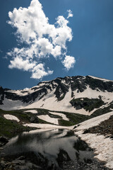mountain lake among snowy peaks in Arkhyz