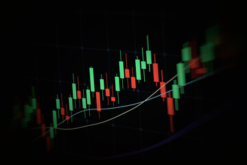 Closeup financial chart with uptrend line candlestick graph in stock market on monitor background