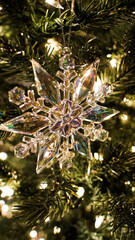 Snowflake Christmas ornament hanging in a tree with lights
