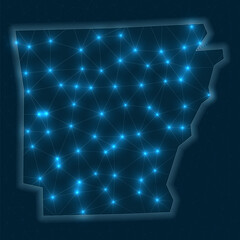 Obraz premium Arkansas network map. Abstract geometric map of the US state. Digital connections and telecommunication design. Glowing internet network. Attractive vector illustration.