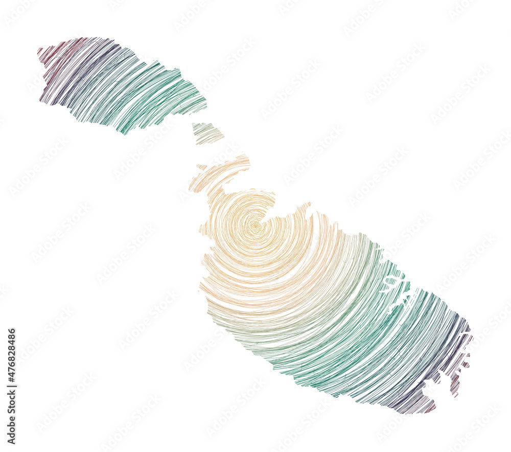 Poster malta map filled with concentric circles in a sketch style, forming the shape of the island. vector 