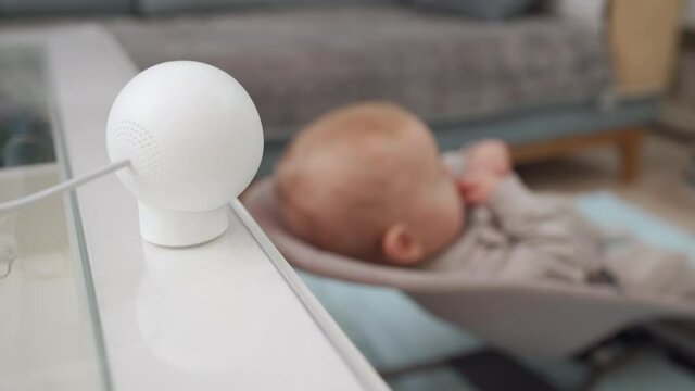 Smart IP camera is installed in the childrens room, indoor security camera works as a baby monitor. High quality 4k footage