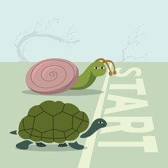 Turtle and snail at the starting point, Illustration vector cartoon © Chompoonuth