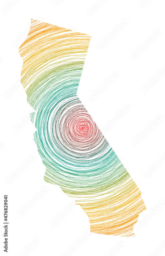 Poster california map filled with concentric circles. sketch style circles in shape of the us state. vector