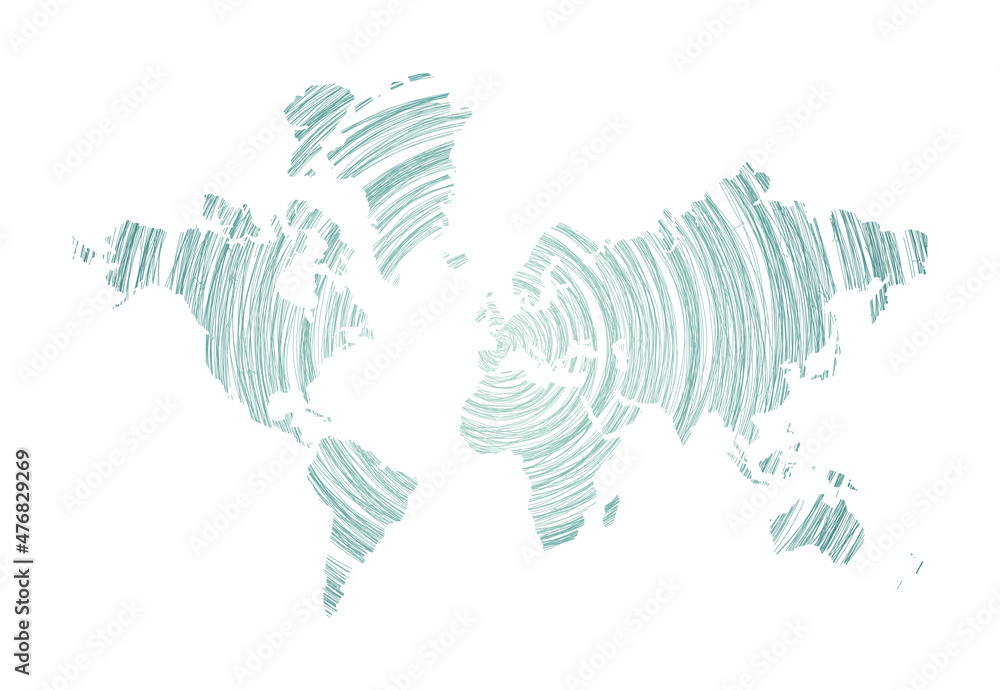 Poster the world map filled with concentric circles. sketch style circles in shape of the world. vector ill