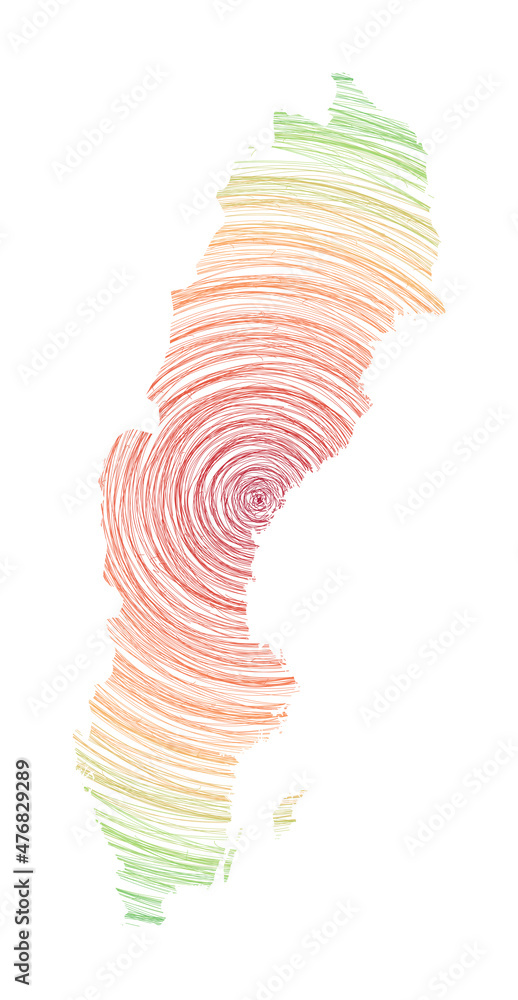 Poster sweden map filled with concentric circles. sketch style circles in the shape of the country. vector 