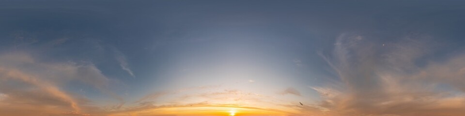 Dark blue sunset sky pano with Cirrus clouds. Seamless hdr panorama in spherical equirectangular format. Complete zenith for 3D visualization, game and sky replacement for aerial drone 360 panoramas.