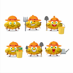 Farmer UFO yellow gummy candy cute mascot character with fork