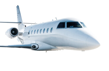 Fototapeta premium White modern luxury business jet flies isolated on white background