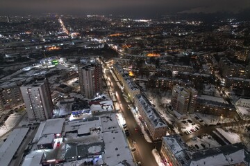 Fototapeta na wymiar Aerial view of Lepse street in winter evening (Kirov, Russia)