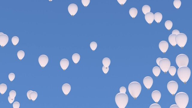 Many white balloons rise into the blue sky close to the camera.