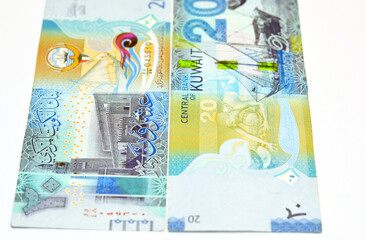 Twenty Kuwaiti dinars bill banknote 20 KWD features Seif Palace, a dhow ship, Kuwaiti pearl diver...