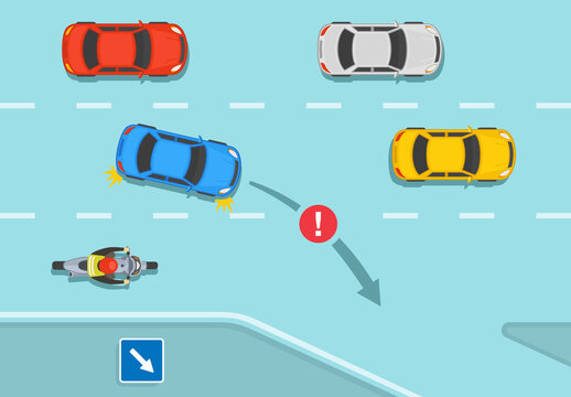 Safety driving car rules. Dangerous and wrong exit from the main road or from highway. Diverge road scene. Flat vector illustration template.
