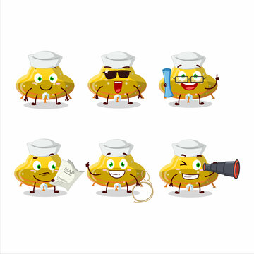 A character image design of UFO yellow gummy candy as a ship captain with binocular
