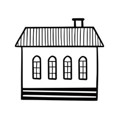Hand drawn cute house. Doodle sketch style home. House building with window, roof. Vector illustration for home icon.