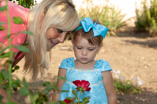 Young mother and her little daughter look at a red rose flower in the garden. High quality photo