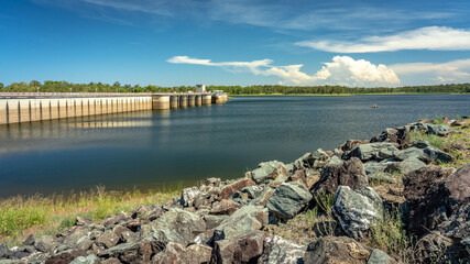 North Pine Dam built in 1976 with a concrete spillway across the North Pine River in South East Queensland, Australia - obrazy, fototapety, plakaty
