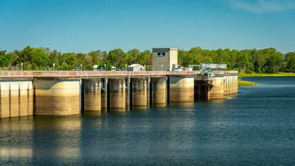 North Pine Dam built in 1976 with a concrete spillway across the North Pine River in South East...