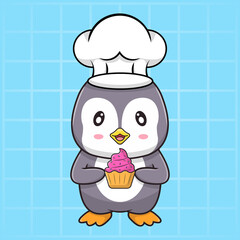 cute kawaii penguin with chef hat holding cup cake vector illustration