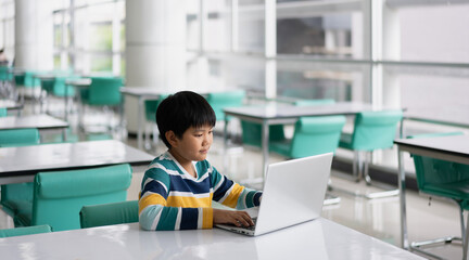 Portrait of Cute Asian boy studying or playing game with laptop computer - 476832861