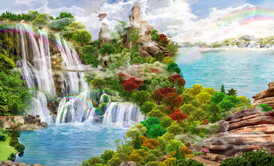 Beautiful views of the forest and lake with a waterfall. 3D image