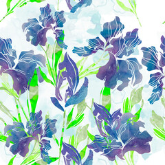 Fantastically beautiful iris flowers. Night irises on a yellow background seamless pattern © Елена Устьянцева