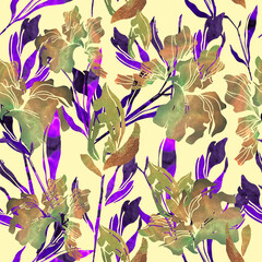 Fantastically beautiful iris flowers. Night irises on a yellow background seamless pattern
