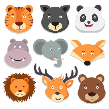 Wildlife animals cartoon icons set of tiger bear panda hippo elephant fox lion deer vector illustration