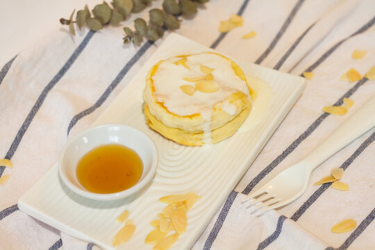 Menu pancake milk and conflex on table