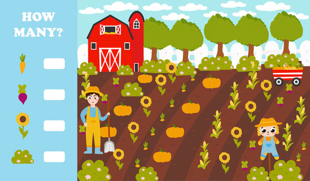 How Many Game For Kids With Field Of Pumpkin And Sunflower Harvest, Scarecrow And Farmer Digging, Farm Landscape