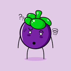 cute mangosteen character with confused expression. green and purple. suitable for emoticon, logo, mascot