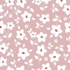 Beautiful vintage floral pattern. White flowers and leaves. Light pink background. Floral seamless background. An elegant template for fashionable prints.