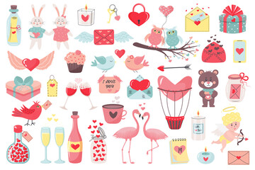 Valentine's Day love symbols big set. Kit of love icons such as envelops, cupid, gifts, bunnies, bear, birds, flamingo, bottles with heart and other.