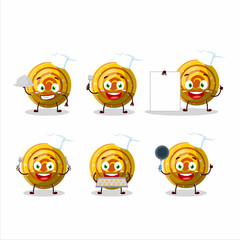 Cartoon character of yellow spiral gummy candy with various chef emoticons