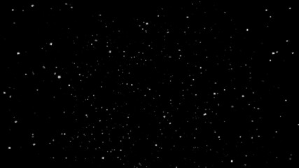 Futuristic, light particles of snowflakes fall against the background of the cosmic sky. Beautiful landscape of the night winter sky. 3D. 4K. Isolated black background.