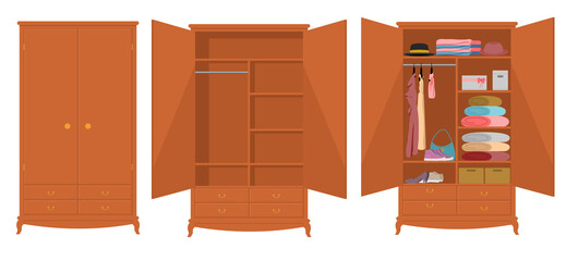 Wooden cupboard cartoon icon. Open closets cupboard wardrobe on white background. Closet with opening doors, clothing and shoes, hats and boxes. Wooden wardrobe with closed doors vector illustration - obrazy, fototapety, plakaty