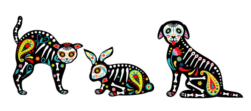 Mexican dead animals. Day of the dead, Dia de los muertos, animals skulls and skeleton decorated with colorful Mexican elements and flowers. Fiesta, Halloween, holiday poster, party flyer. Vector