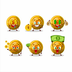 Yellow spiral gummy candy cartoon character with cute emoticon bring money
