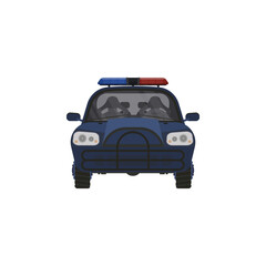 Empty police car vector illustration, high performance cop auto, urban police cruiser patrols, security emergency automobile icon with flashing lights, modern poster concept, sticker isolated on white