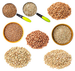 set of various buckwheat grains cutout on white
