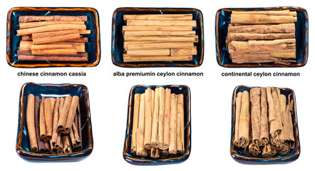 set of various cinnamon in bowls with names - obrazy, fototapety, plakaty