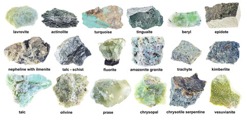 set of various rough green rocks with names cutout