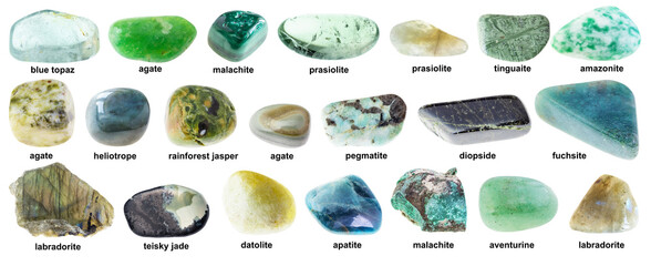 set of various rolled green stones with names