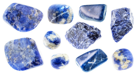 set of various Sodalite stone cutout on white