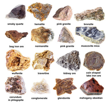 set of various brown raw rocks with names cutout