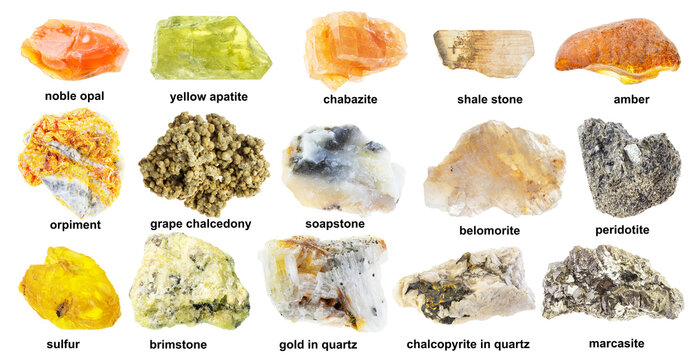 set of various rough yellow stones with names