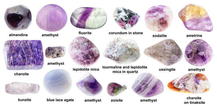 set of various unpolished purple stones with names